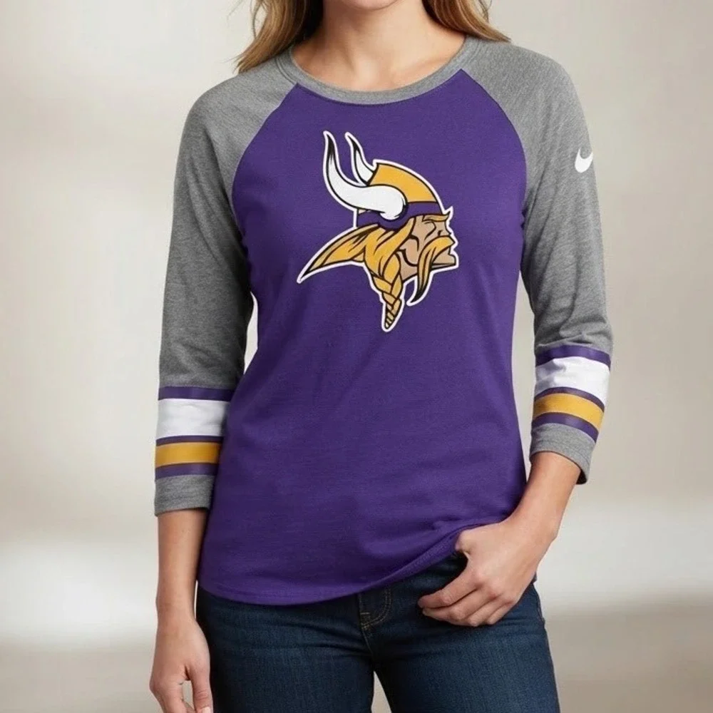 Nike Minnesota Vikings Womens Tri-Blend Raglan 3/4 Sleeve T-Shirt Purple Grey M